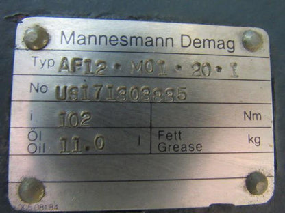Mannesmann Demag AF12-M01-20.1 Overhead Crane Offset Gear Motor 3" Hollow Shaft