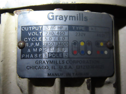 Graymills 3/4HP 220/460V Submersible Centrifugal Coolant Pump 2850/3400 RPM