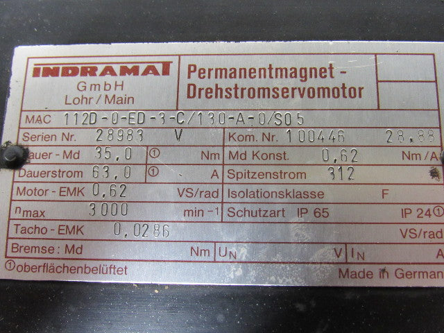 Indramat MAC112D-0-ED-3-C/130-A-0/S05 Servo Motor For Analogue Drives W/Adapter