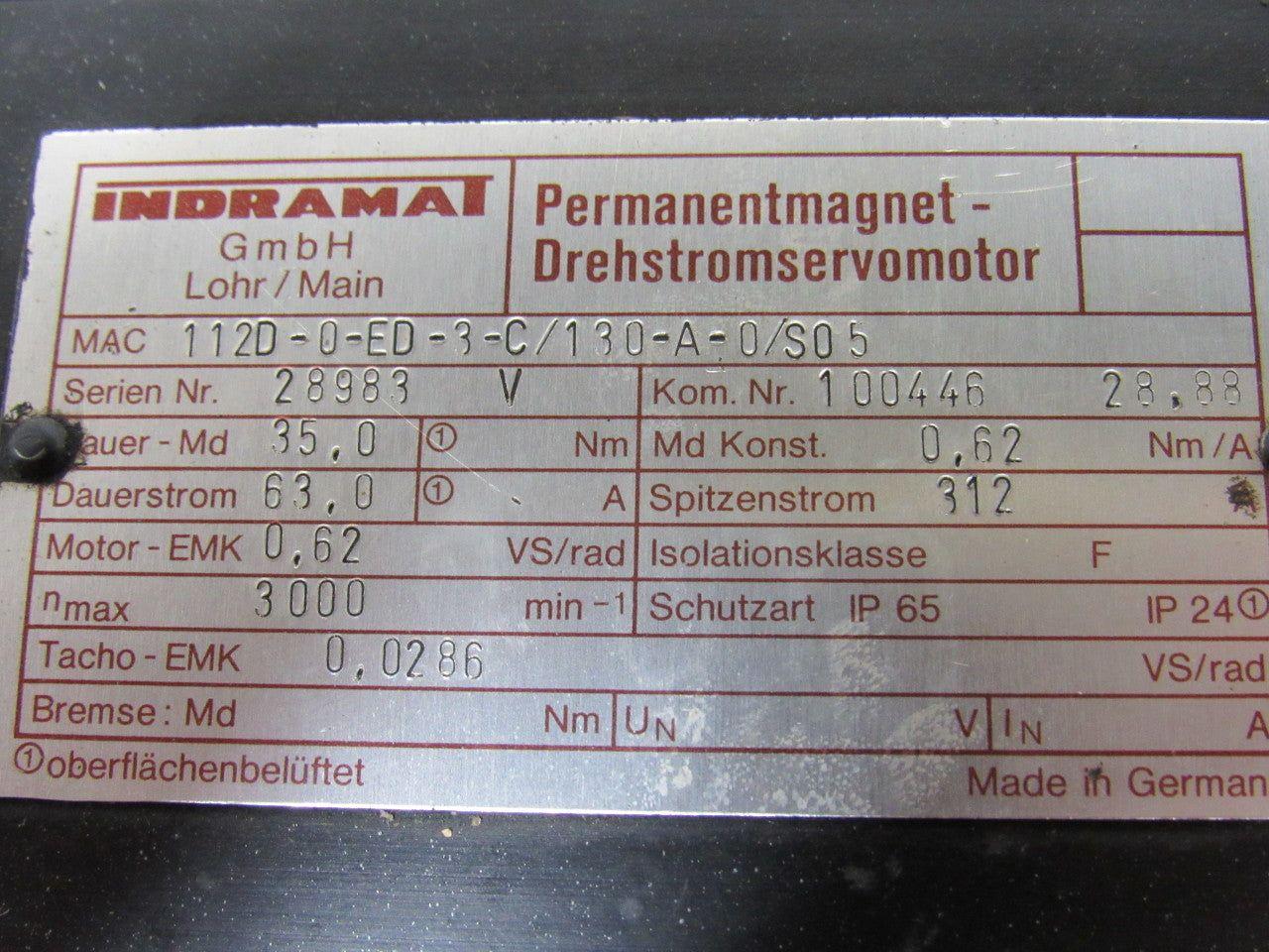 Indramat MAC112D-0-ED-3-C/130-A-0/S05 Servo Motor For Analogue Drives W/Adapter