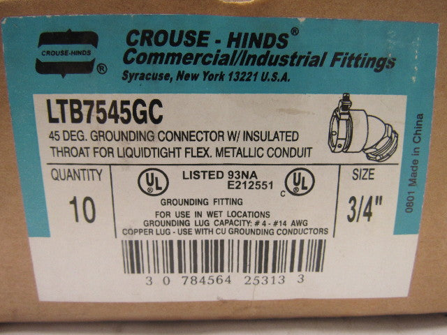 Crouse Hinds Co LTB7545GC 3/4"  45° Connector Ground Lug Insulated Lot of 10