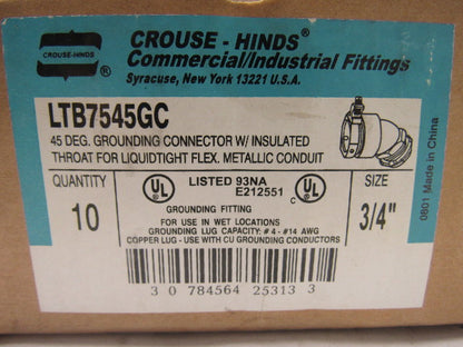 Crouse Hinds Co LTB7545GC 3/4"  45° Connector Ground Lug Insulated Lot of 10