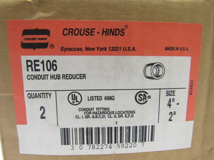 Crouse Hinds Co RE106 Conduit Hub Reducers 4 x 2" Lot of 2
