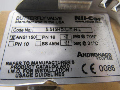 Andronaco NII-Cor 3-31HD-L-T-H-L 6" Butter Fly Valve W/Handle