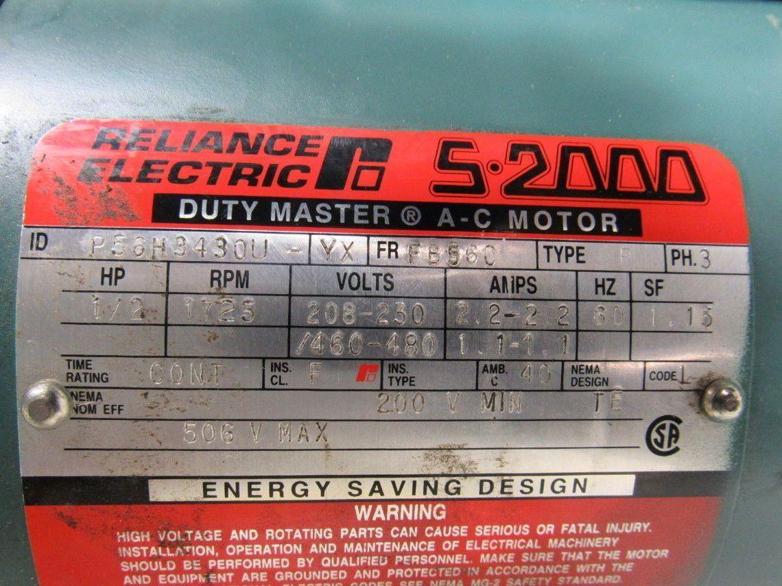 Reliance P56H3430U-YX 1/2 Hp. 1725 RPM 60 Hz. 5/8" Shaft Motor 208/230V W/Brake