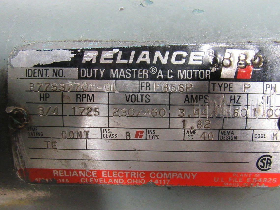 Reliance B77S377OM Type P Brake Motor 3/4 Hp. 1725 RPM 230/460V 60Hz Spline Gear