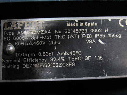 Lafert 30145729 AMH180MZA4 25HP 3PH 460V 1770RPM Electric Motor
