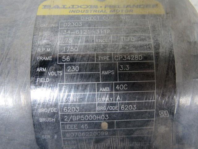 Baldor D2303 230VDC .75HP 1750RPM DC Electric Motor