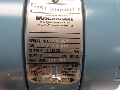 Rosemount 1151GP7S52B1 Gage Pressure Transmitter 300PSI W/2" Pipe Mount