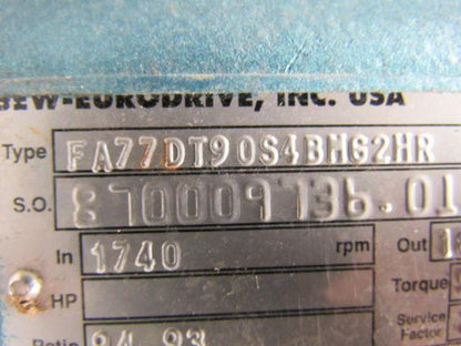 SEW FA77DT90S4BM62HR Gearmotor 1.5HP 230/460V 1740RPM In/ 18 Out 5250 In Lb