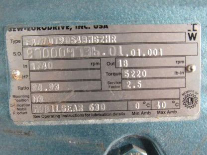 SEW FA77DT90S4BM62HR Gearmotor 1.5HP 230/460V 1740RPM In/ 18 Out 5250 In Lb