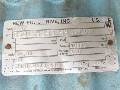 SEW-EURODRIVE R137 Inline Gear Drive Speed Reducer 16.80:1 Ratio 70800Lbs Torque