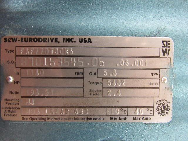 SEW EURODRIVE FAF77DT80K6 8701635450606001 Gearmotor .5HP 198.31:1/5.8RPM Out