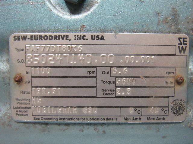 SEW EURODRIVE 8502471400000001 FAF77DT80K6 Gearmotor .5 HP 198.31 5.6 RPM Out