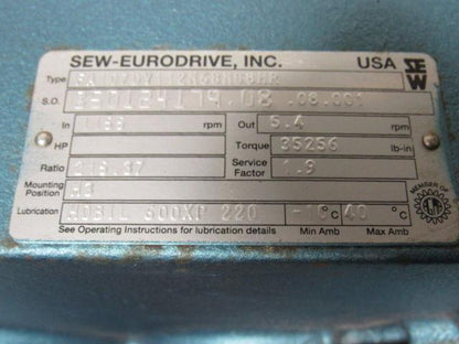 SEW EURODRIVE 850124179.08.08.001 Gearmotor Speed Reducer 215.37:1 3HP