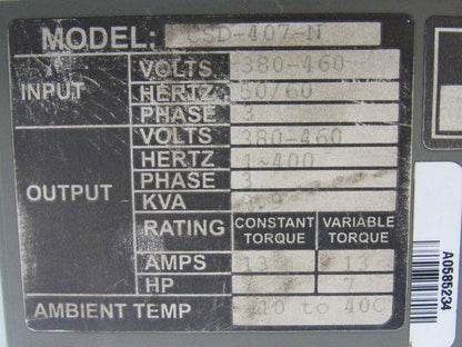 Motortronics CSD-407- N Variable Frequency Motor Drive 7.5 HP 460V 400Hz Out