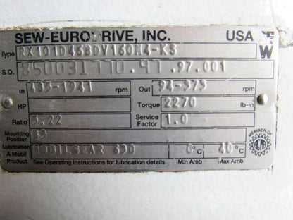 SEW-EURODRIVE RX101D46BDV160N4-KS Inline Double Reduction Gearmotor 5.22:1