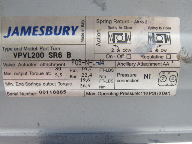 Jamesbury VPVL200 SR6 B 2"NPT Actuator Assembly Spring Return 120V 80PSI