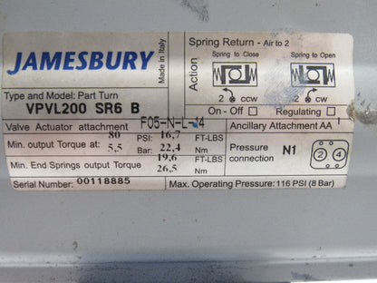Jamesbury VPVL200 SR6 B 2"NPT Actuator Assembly Spring Return 120V 80PSI