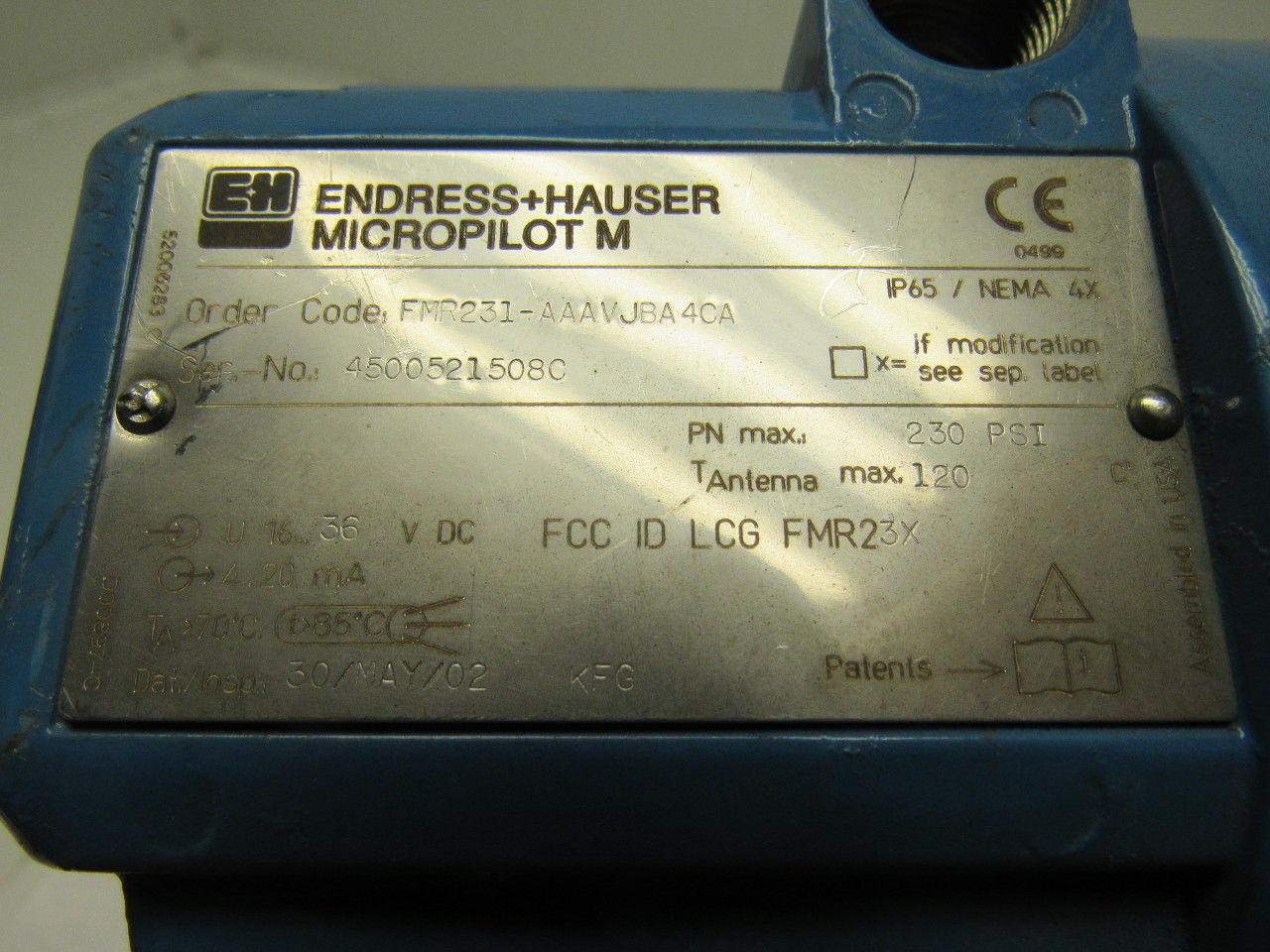 Endress Hauser FMR231-AAAVJBA4CA Micropilot M Transmitter 36VDC 230PSI