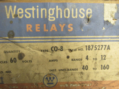 Westinghouse C0-8 Style 1875277A Over Current Relay Range 4-12A 60 Hz