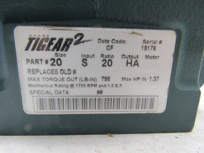 Dodge 20 S 20 HA Tigear 2 20:1 Gear Box Speed Reducer 1-3/16" Hollow Output