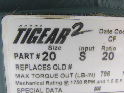 Dodge 20 S 20 HA Tigear 2 20:1 Gear Box Speed Reducer 1-3/16" Hollow Output