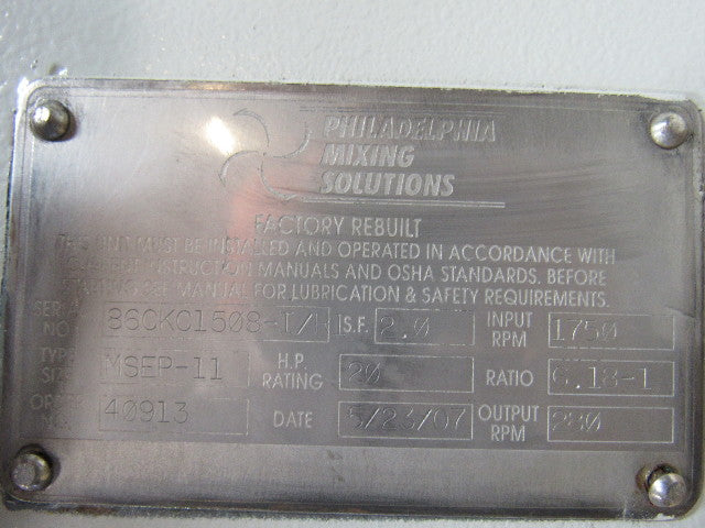 Philadelphia Mixing Solutions MSEP-11 20HP Gear Reducer 6.18:1 Ratio 280 RPM Out