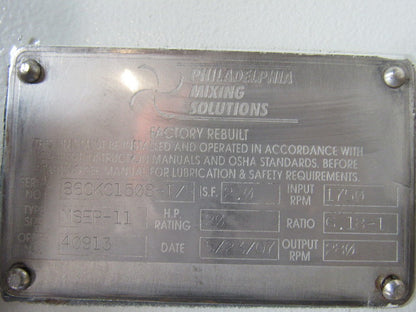 Philadelphia Mixing Solutions MSEP-11 20HP Gear Reducer 6.18:1 Ratio 280 RPM Out