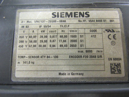 Siemens 1PH7137-2EG00-0BA6 Asynchronous Servo Motor 3PH 400VAC 19.5 kW 26.14HP