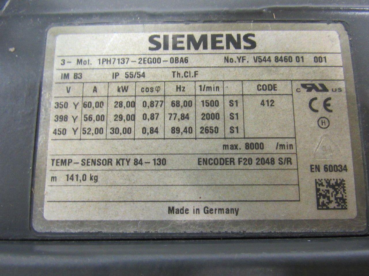 Siemens 1PH7137-2EG00-0BA6 Asynchronous Servo Motor 3PH 400VAC 19.5 kW 26.14HP