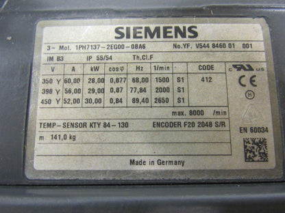 Siemens 1PH7137-2EG00-0BA6 Asynchronous Servo Motor 3PH 400VAC 19.5 kW 26.14HP