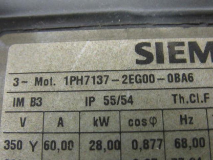 Siemens 1PH7137-2EG00-0BA6 Asynchronous Servo Motor 3PH 400VAC 19.5 kW 26.14HP