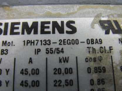 Siemens 1PH7133-2EG00-0BA9 Asynchronous Servo Motor 3PH 400VAC 17.5 kW 23.46HP