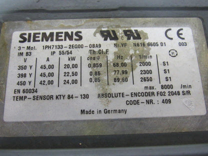 Siemens 1PH7133-2EG00-0BA9 Asynchronous Servo Motor 3PH 400VAC 17.5 kW 23.46HP