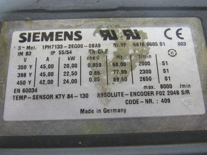 Siemens 1PH7133-2EG00-0BA9 Asynchronous Servo Motor 3PH 400VAC 17.5 kW 23.46HP
