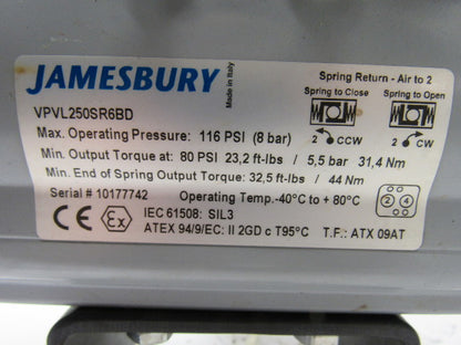 JAMESBURY VPVL250SR6BD VALV-POWR Valve Actuator Double Opposed Piston Lot/1
