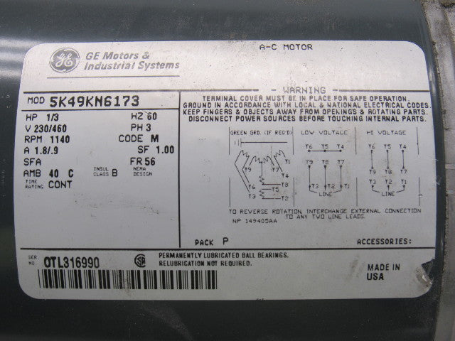 GE Fanuc 5K49KN6173 1/3HP 3PH 230/460V 1140RPM Electric Motor