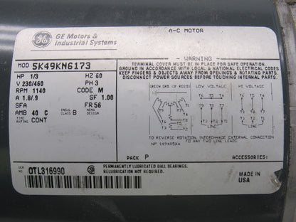 GE Fanuc 5K49KN6173 1/3HP 3PH 230/460V 1140RPM Electric Motor