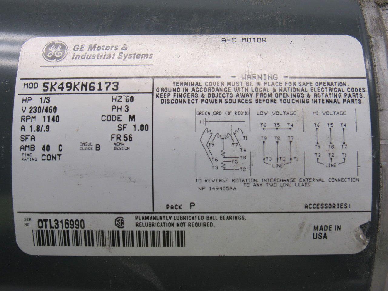 GE Fanuc 5K49KN6173 1/3HP 3PH 230/460V 1140RPM Electric Motor