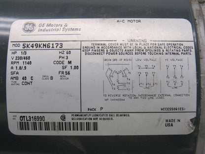 GE Fanuc 5K49KN6173 1/3HP 3PH 230/460V 1140RPM Electric Motor