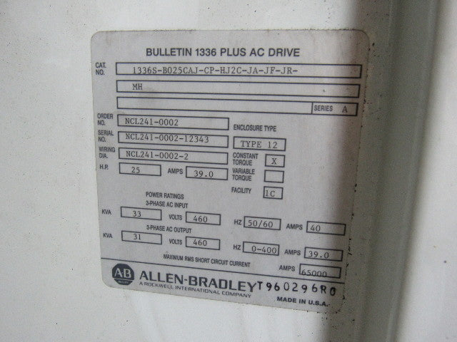 ALLEN BRADLEY 1336 PLUS 1336S-B025CAJ-CP-HJ2C-JA-JF-JR 25 HP AC Drive 460V