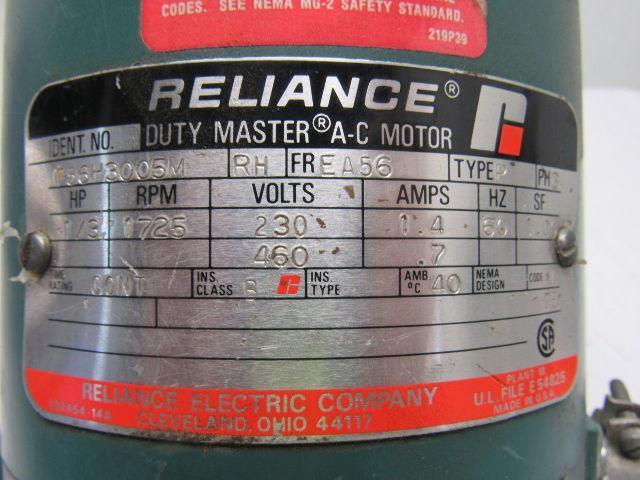 Reliance P56H3005M 1/3HP Electric Motor 3PH 230/460V 1725 RPM EA56 Frame