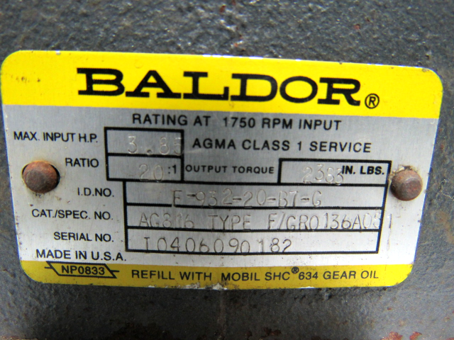 Baldor F-932-20-B7-G Speed Reducer 20:1 Worm Gearbox 88 RPM 3.8Hp LH 143/145TC