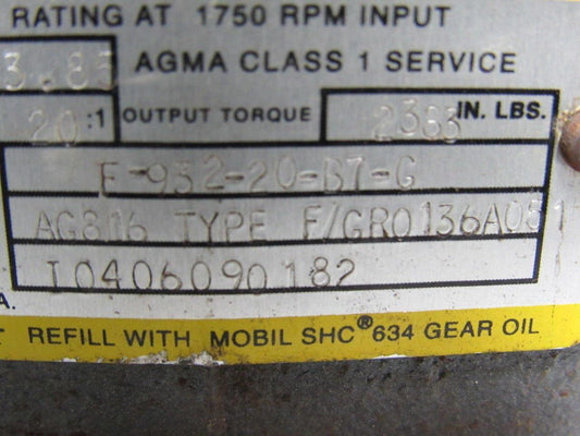 Baldor F-932-20-B7-G Speed Reducer 20:1 Worm Gearbox 88 RPM 3.8Hp LH 143/145TC