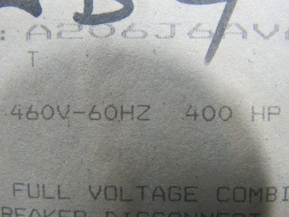 WESTINGHOUSE 400 HP 460V Full Voltage Non-Rev. Motor Controller W/ Breaker Dis.