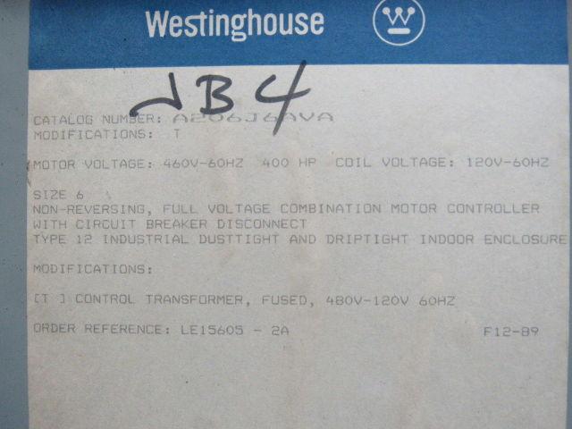 WESTINGHOUSE 400 HP 460V Full Voltage Non-Rev. Motor Controller W/ Breaker Dis.
