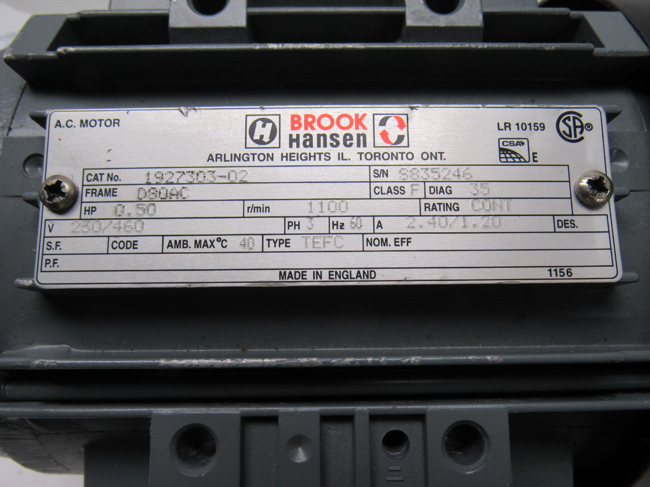Brook Hansen 1927303-02 1/2HP 3PH 230/460V 1100RPM Electric Motor