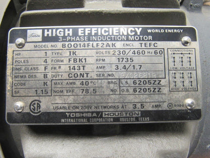 Toshiba  B0014FLF2AK 1HP 3PH 230/460V 1735RPM Electric Motor