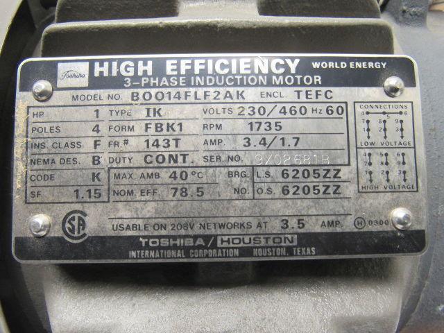 Toshiba  B0014FLF2AK 1HP 3PH 230/460V 1735RPM Electric Motor